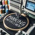 Embroidery machine stitching firefighter emblem on black fabric, professional sewing for uniforms.